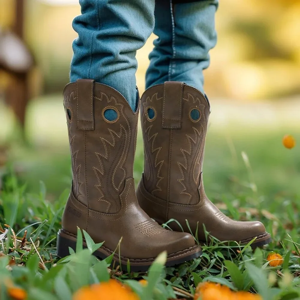 Kids Dark Brown Classic Western Boots Square Toe Girls Cowgirl Boots For Toddler